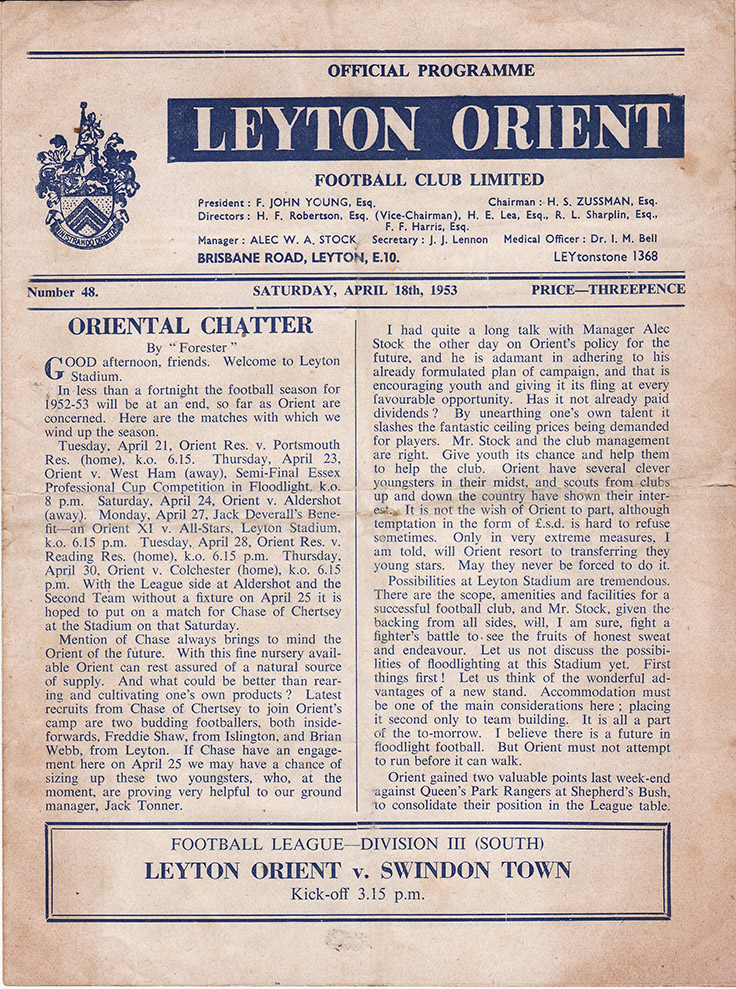 <b>Saturday, April 18, 1953</b><br />vs. Leyton Orient (Away)